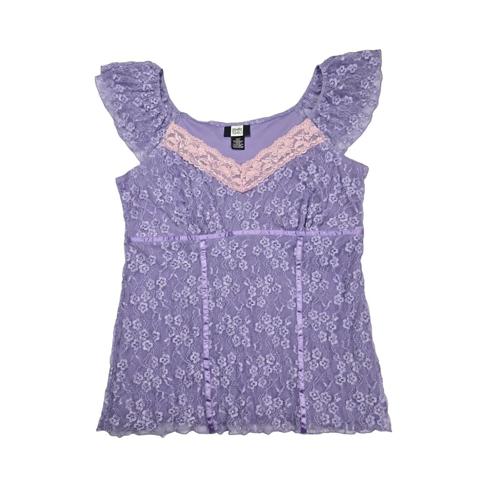 Y2K Cottage Purple Floral Lace Top Pink Trim Flutter Sleeve Blouse Large Pastel
